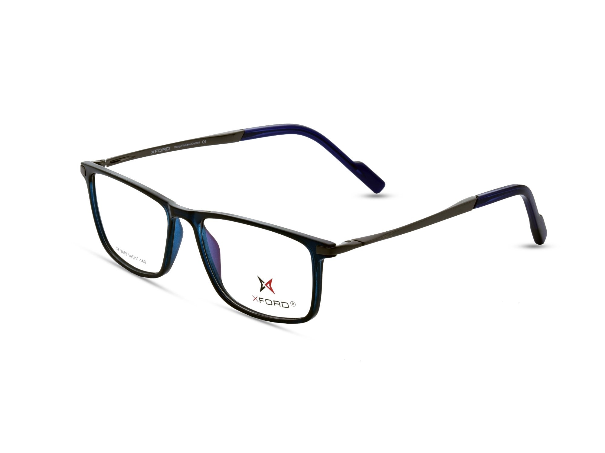 Transparent Blue with Gunmetal Grey Temples.