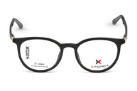 Black eyeglasses with X-Ford logo on a white background