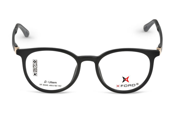 Black eyeglasses with X-Ford logo on a white background